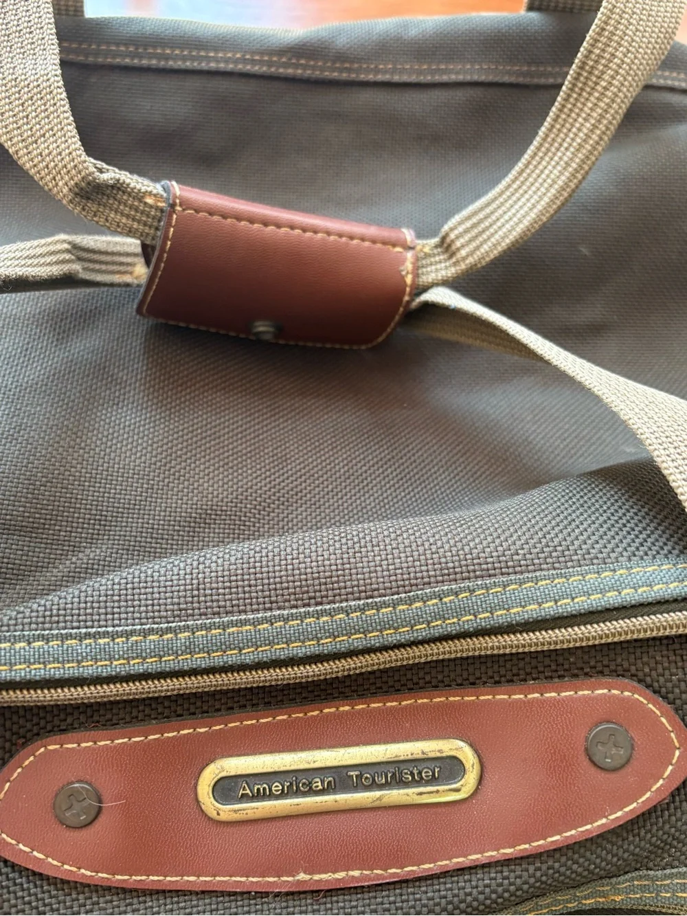 American tourist, vintage Olive Green Canvas Duffel Bag with Brown leather trim